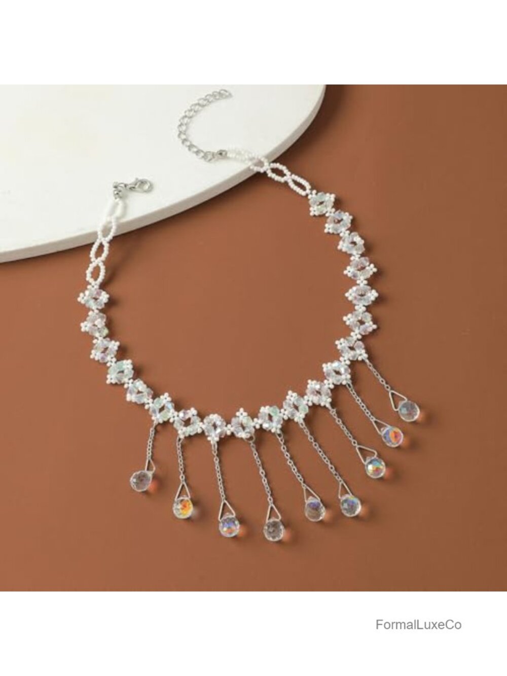 Rhinestone Crystal Tassel Choker Necklace Pearl Beaded Dainty Cubic Zirconia - Picture 3 of 6